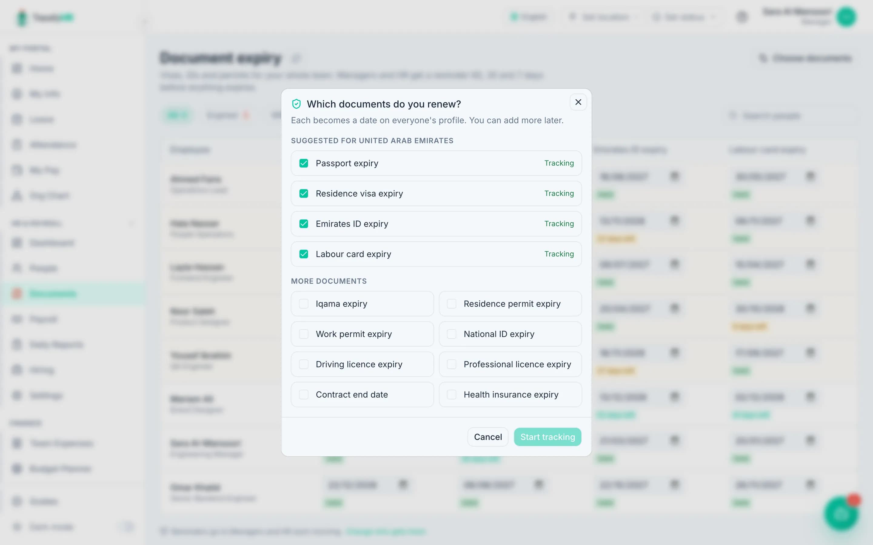 Choosing which documents to track, with the UAE suggestions already ticked