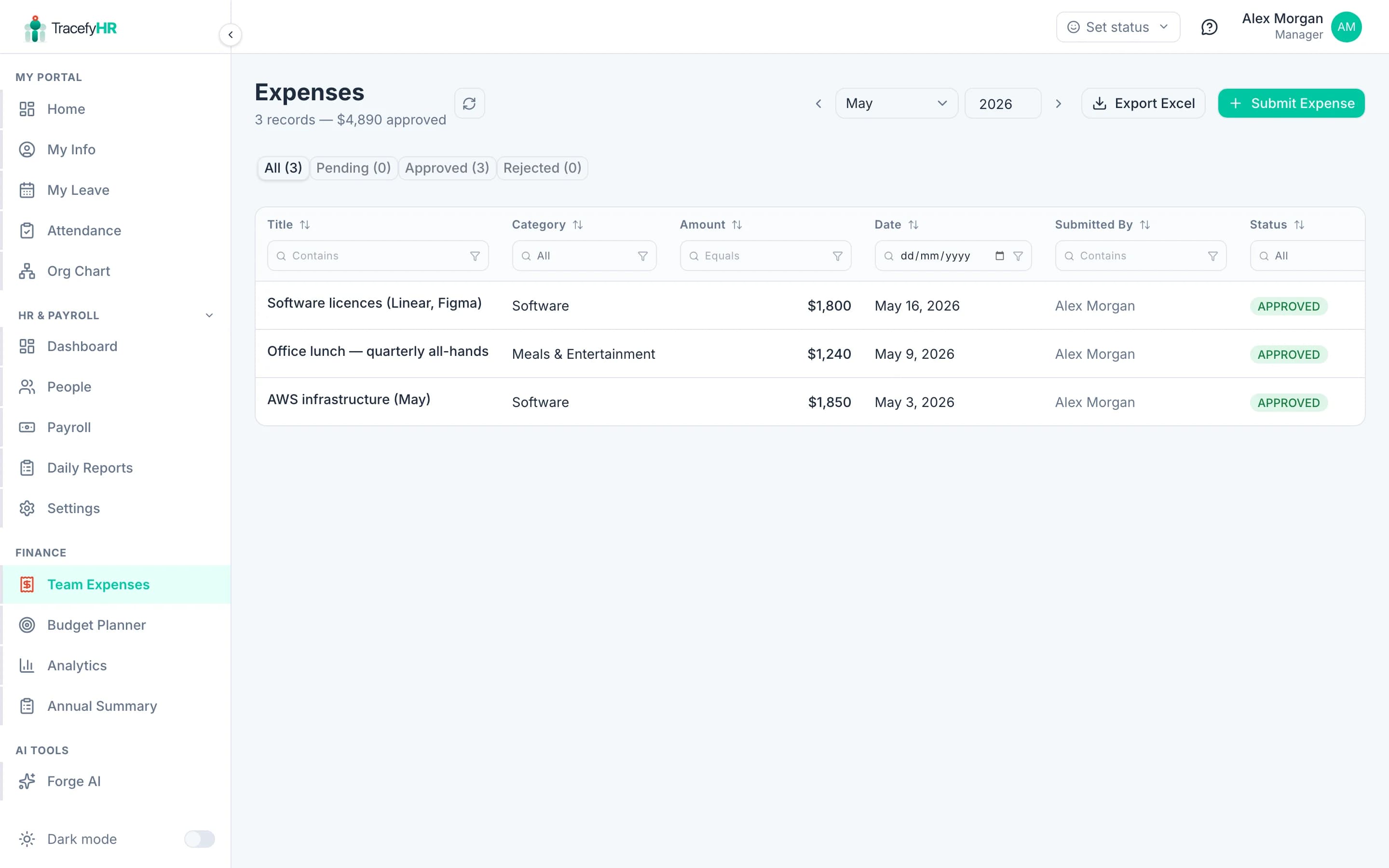 The expenses page with categories, amounts, and approval status