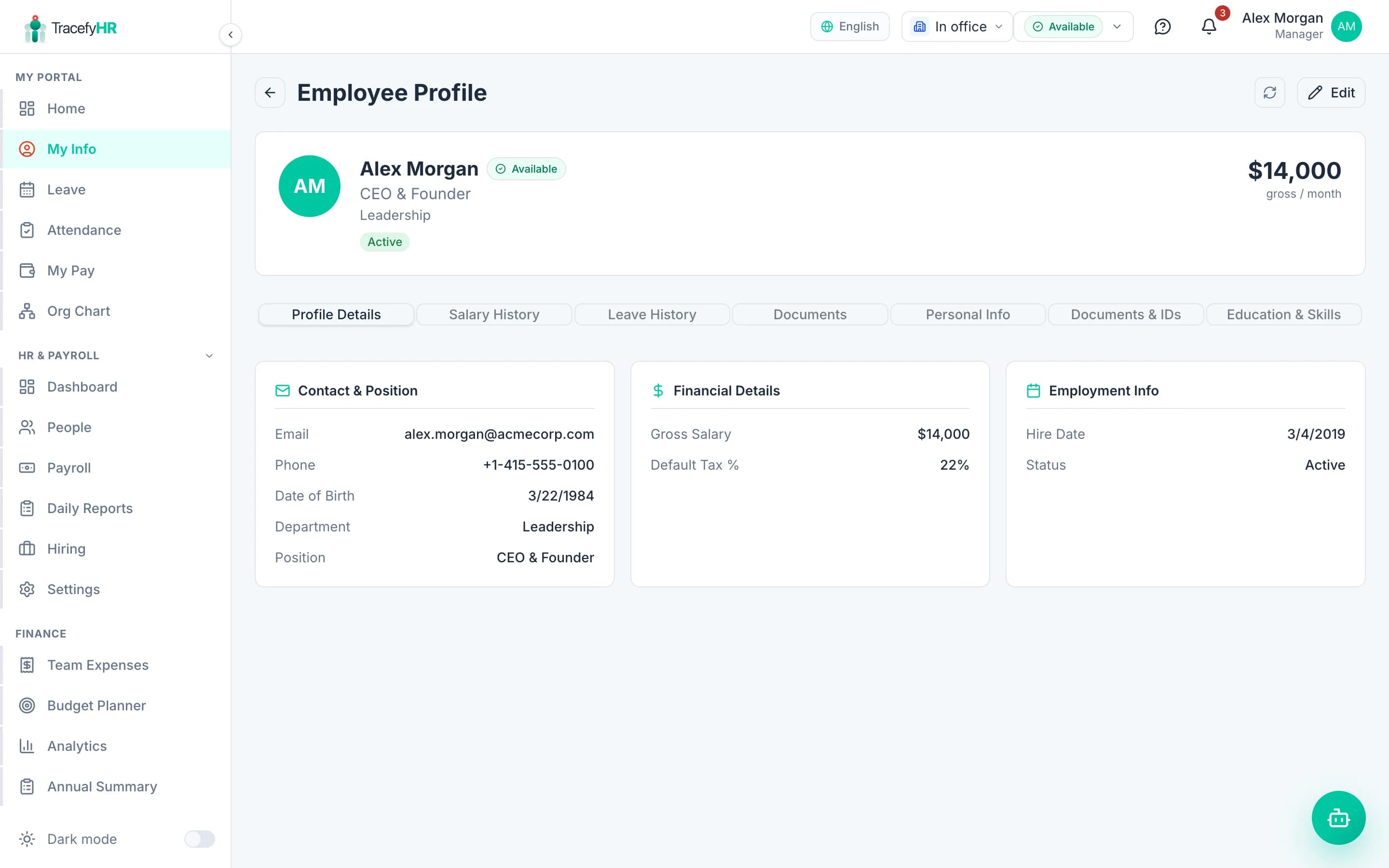 Employee My Info page with editable profile fields