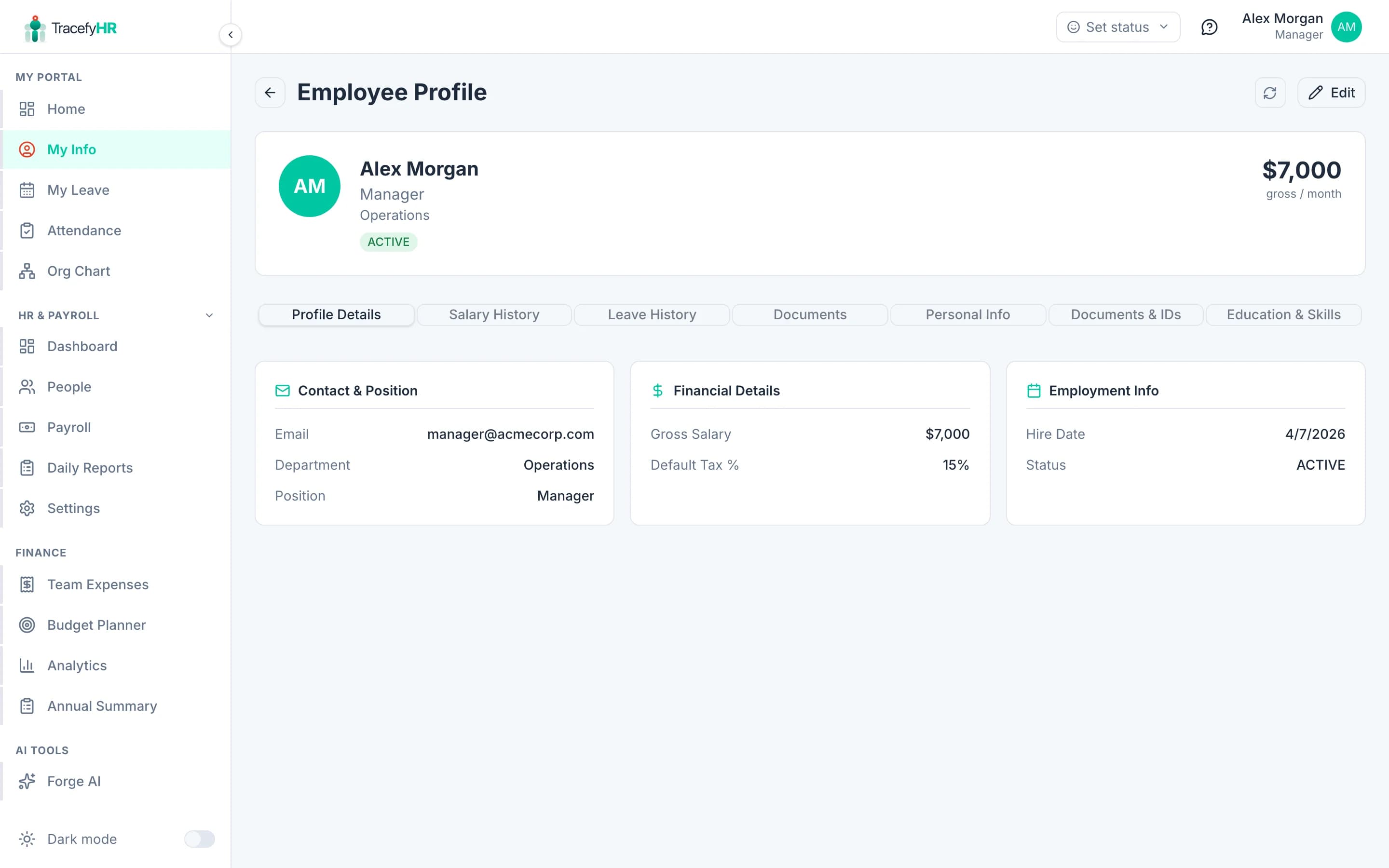 The My Info page with profile fields and tabs for personal details, leave, and payroll