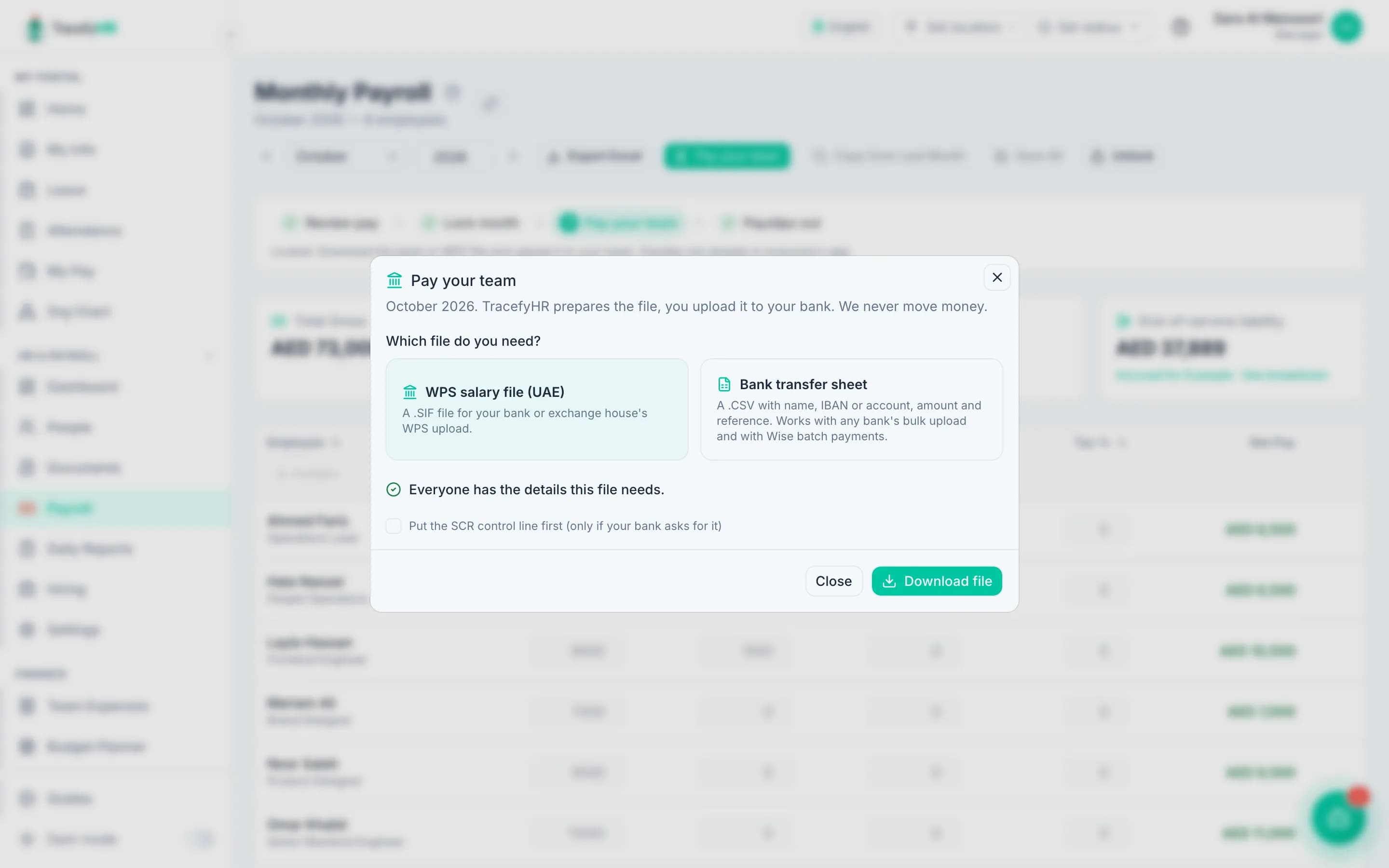 Pay your team: choose a UAE WPS salary file or a bank transfer sheet for the locked month