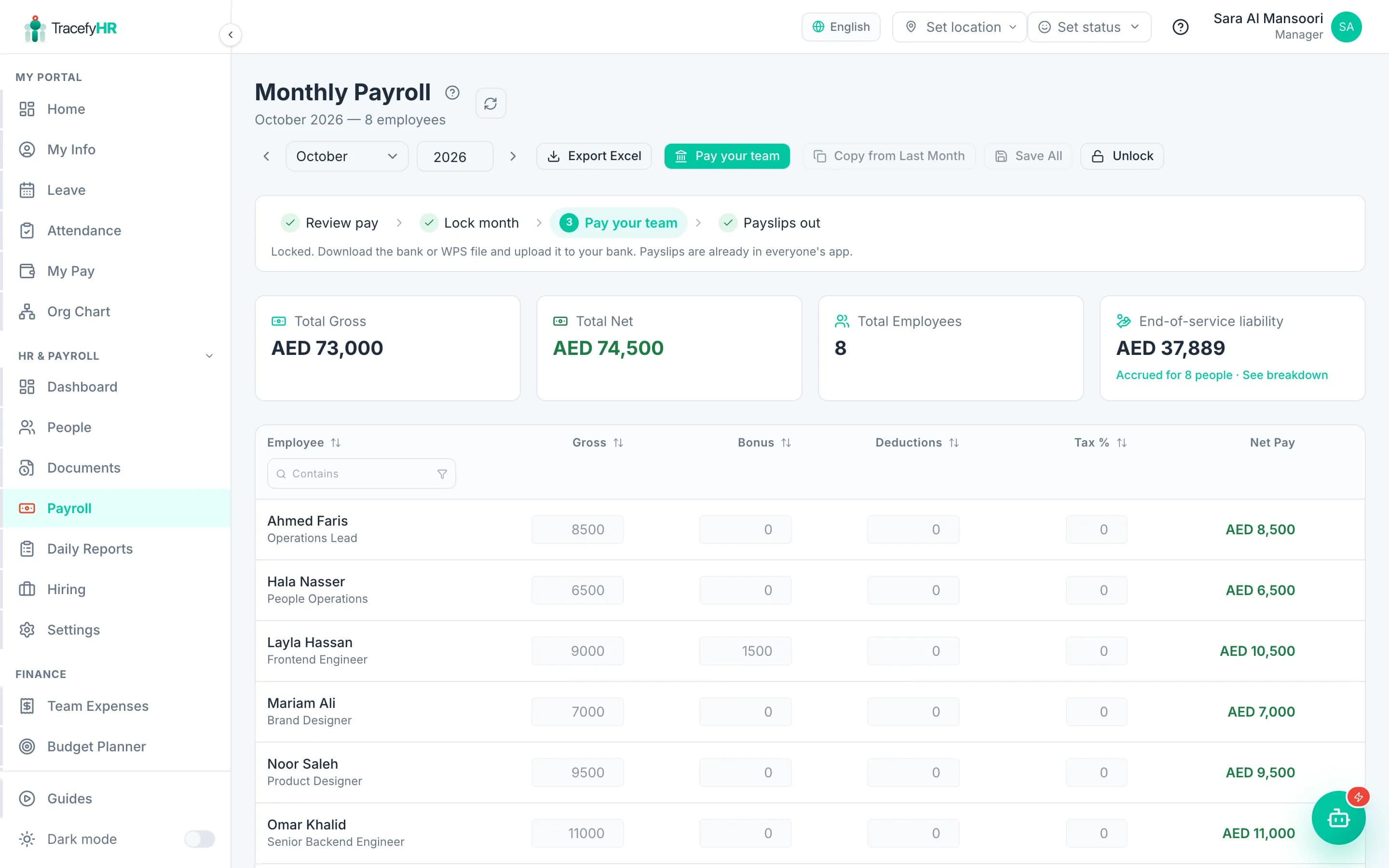 Payroll page with the payday steps and the end-of-service liability card