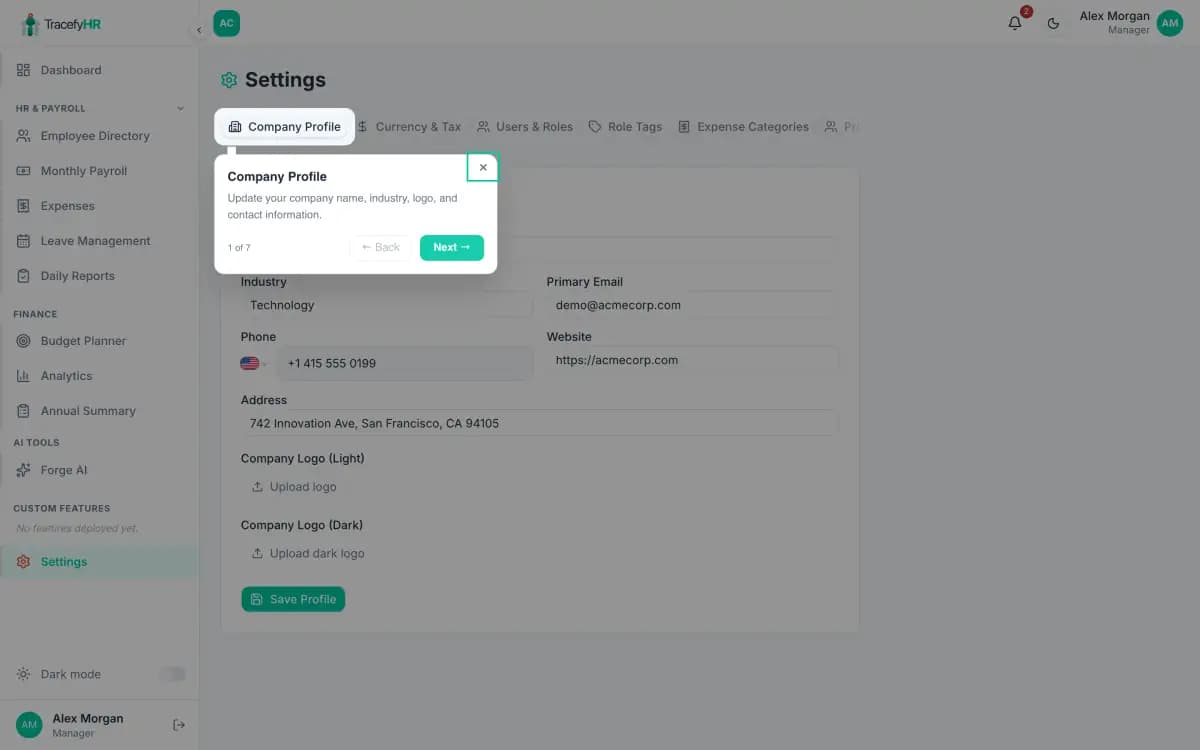 The Settings page with tabs across the top
