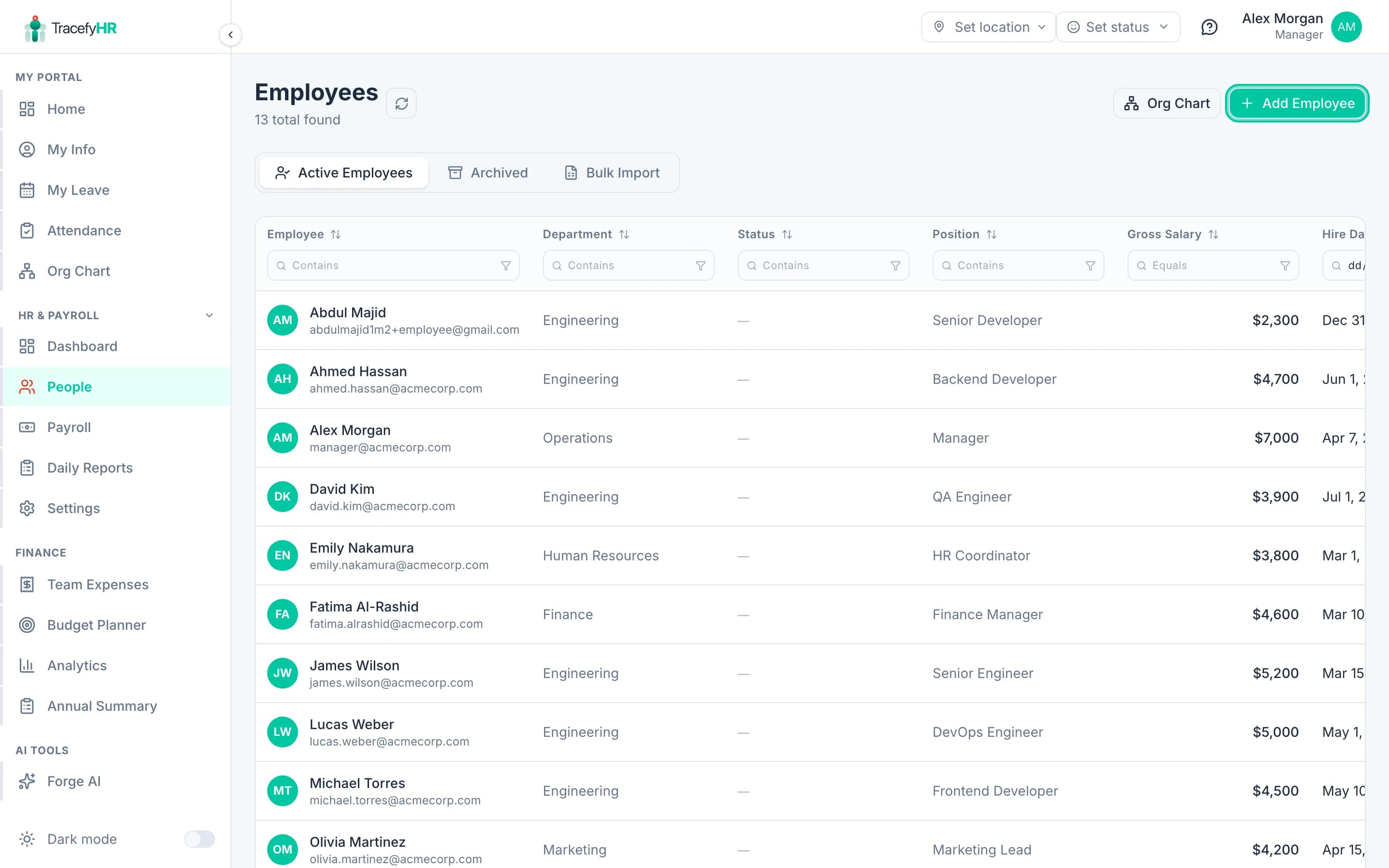 The Add Employee modal with name, email, salary, department, and other fields