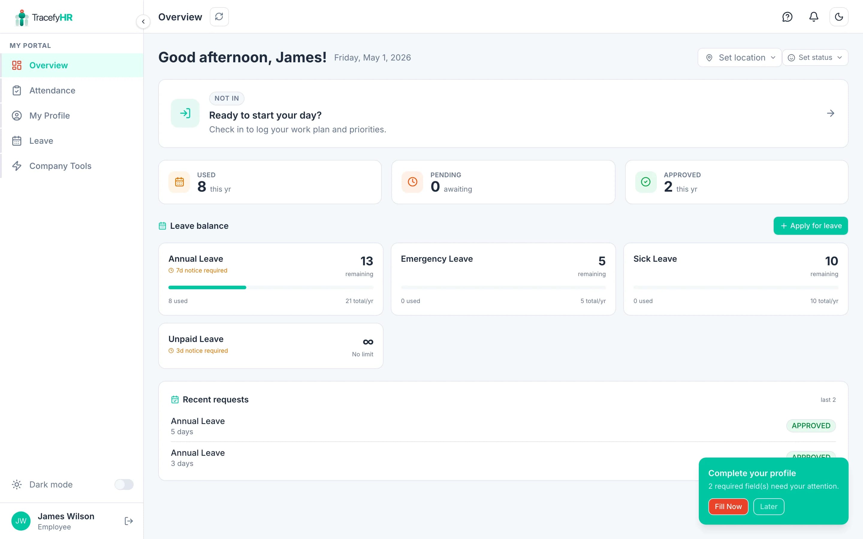 The Employee dashboard with status pill, leave balance cards, recent activity, and notifications