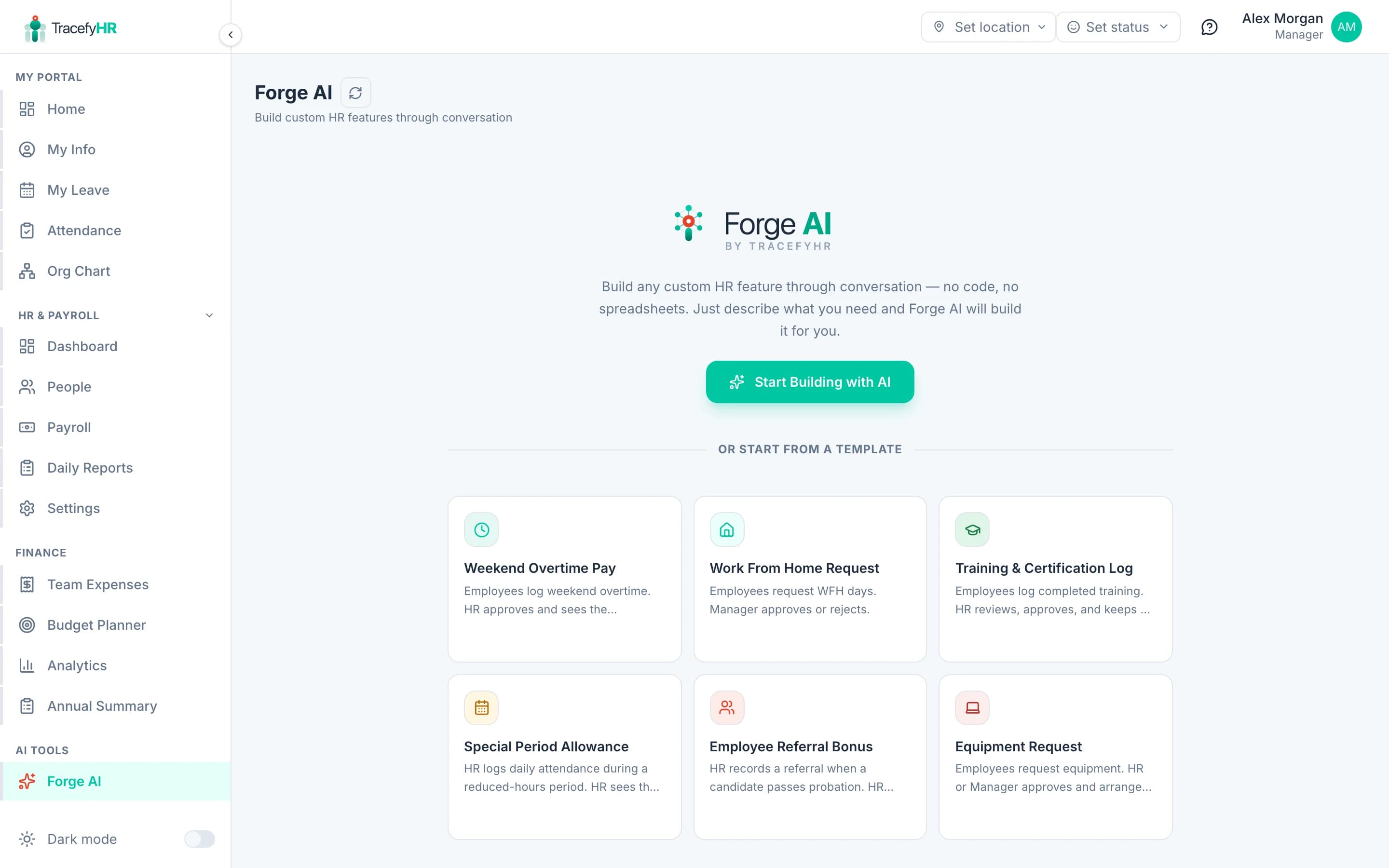 The Forge AI home page with a chat-style interface to describe a feature