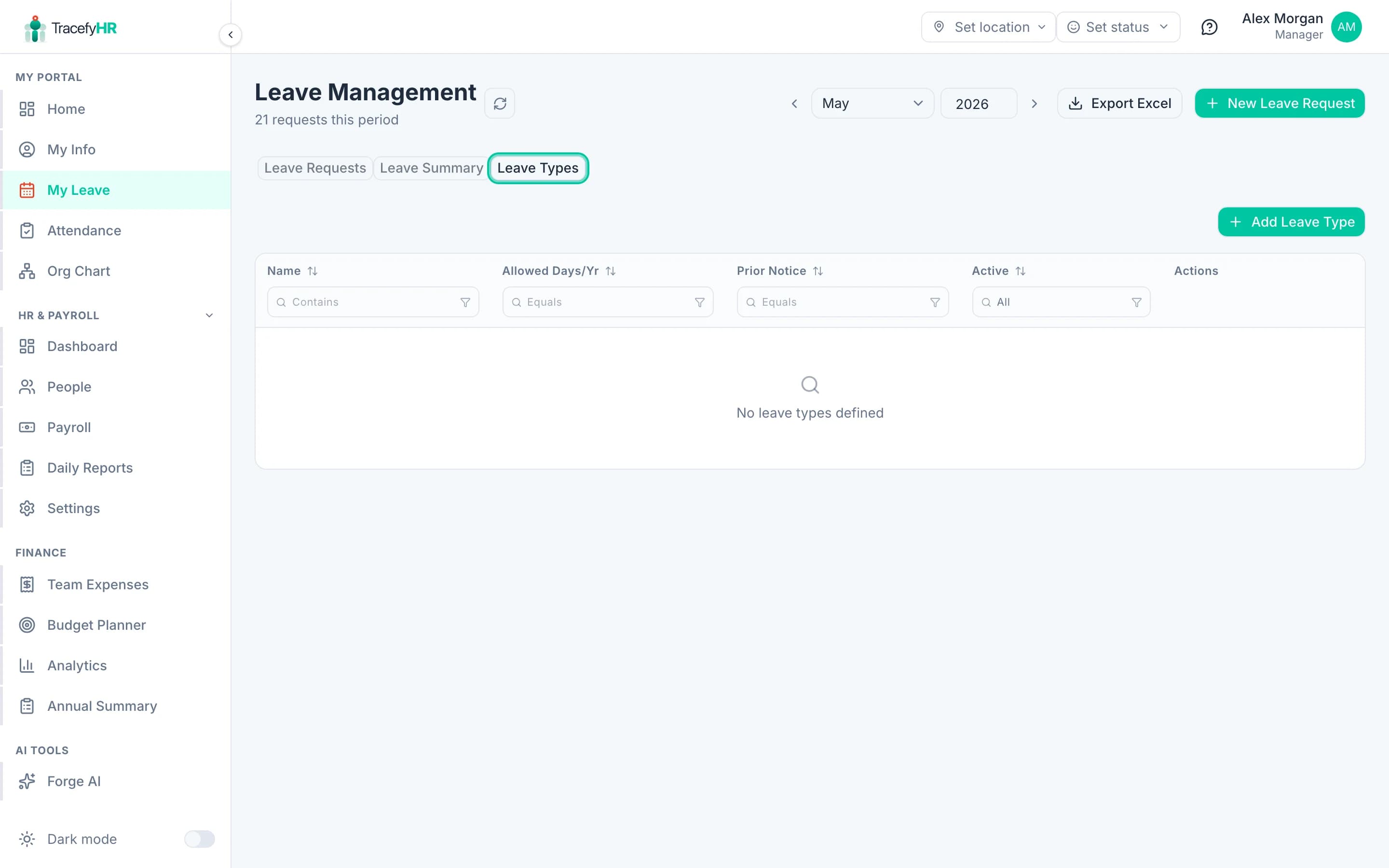 The Leave Types tab with existing types listed and a form to add a new one