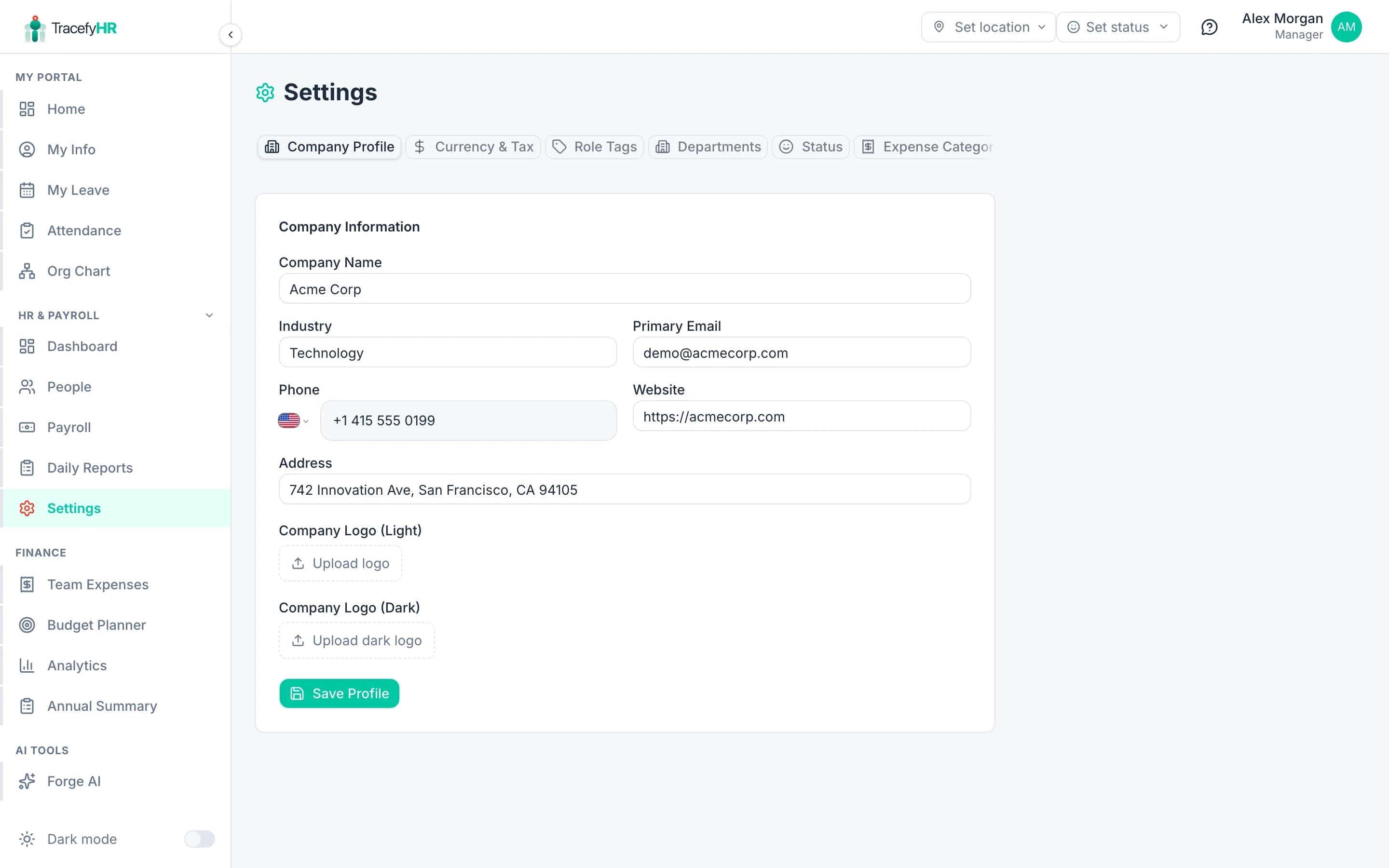 The Currency & Tax tab with base currency, tax label, and default tax rate fields