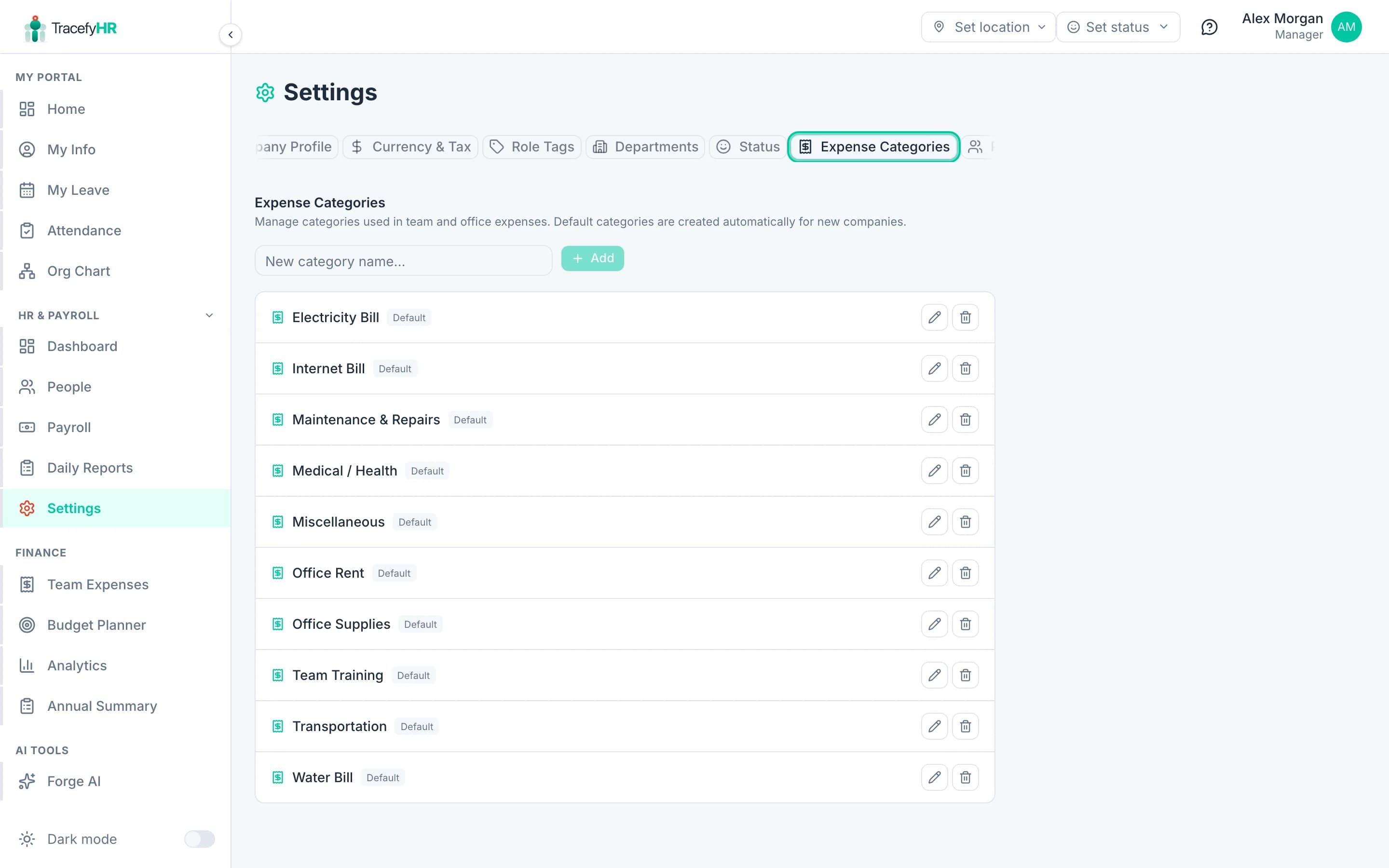 The Expense Categories tab listing default and custom categories