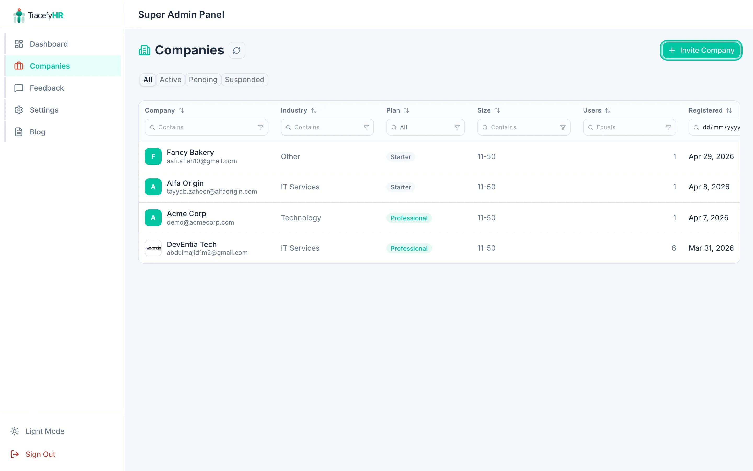 The Invite Company form with fields for company name, industry, and admin email