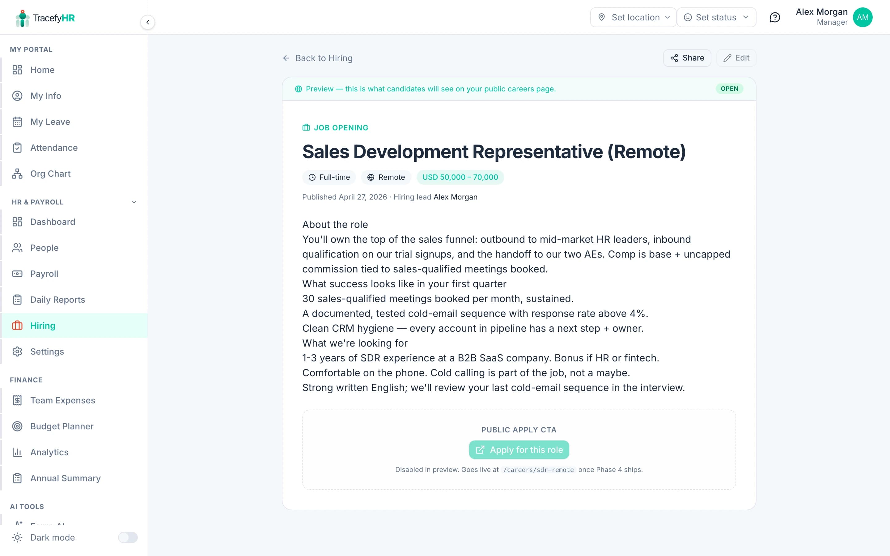 Public-style job preview page showing meta pills, salary, full description, and a disabled Apply button